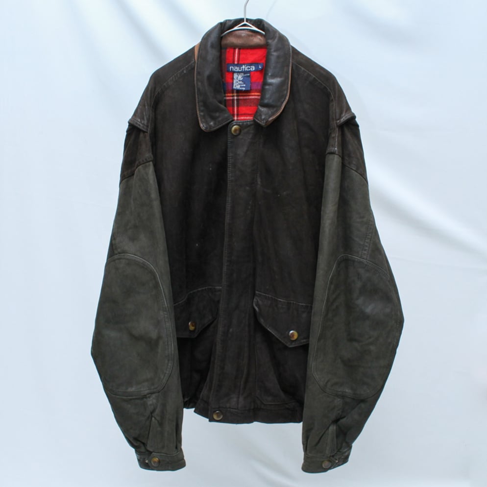 90s nautica switching design leather jacket | s