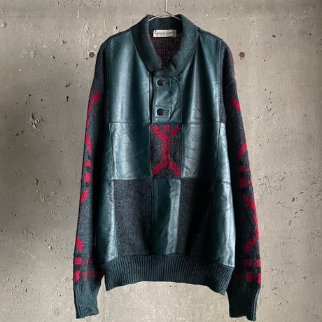 ニット レザー切り替えジャケット　archive L.G.B EKAM 送料無料』HUMMER ハマー 切替チェッカーフラッグ柄レザー