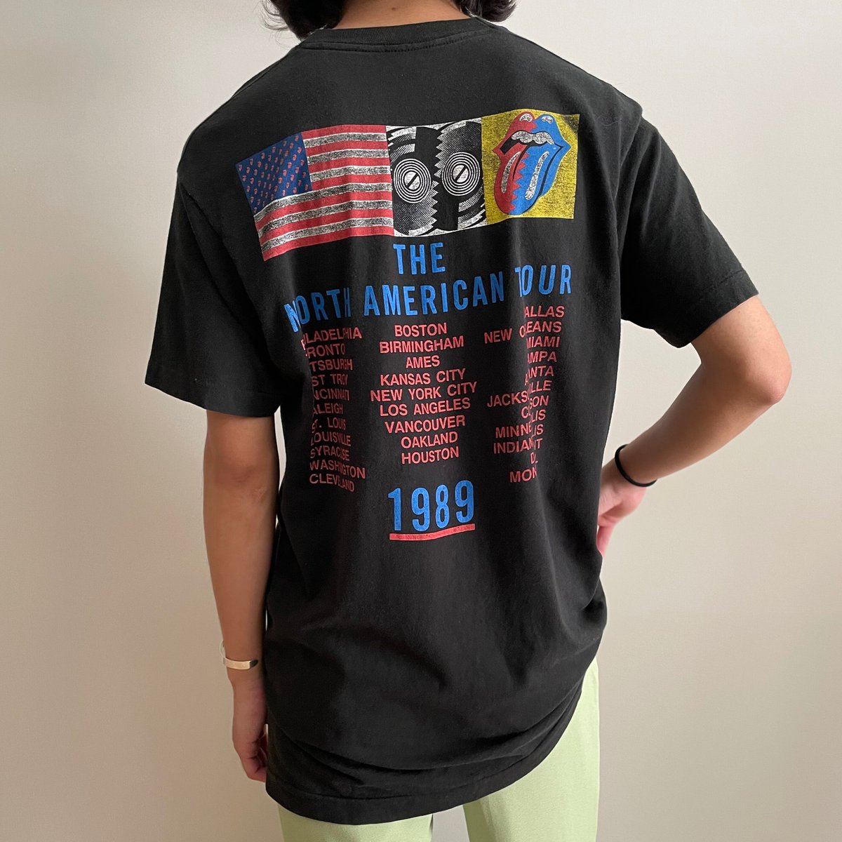 80年代 フルーツオブザルーム FRUIT OF THE LOOM THE ROLLING STONES ローリングストーンズ STEEL WHEELS NORTH AMERICAN TOUR 1989 両面プリント バンドTシャツ バンT USA製 メンズL ヴィンテージ /eaa326209