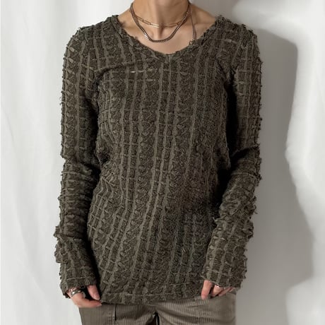 striped design v-neck sheer knit