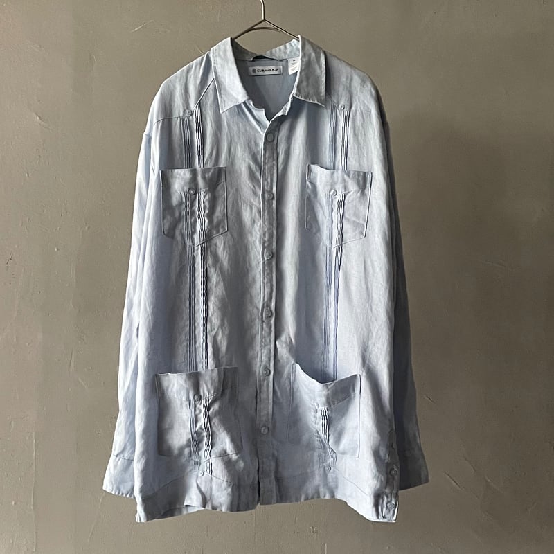 100% Linen CUBAVERA キューバ リネン 柄シャツ 開襟 白 L』