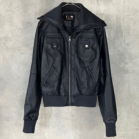 90s rib design fake leather jacket
