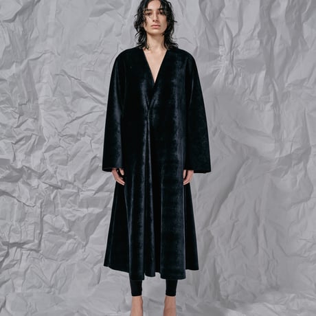 DK28-CS04-C05／Velour Bonding Collarless Flared Coat／2COLORS