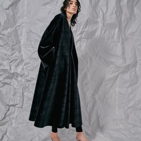 DK28-CS04-C05／Velour Bonding Collarless Flared Coat／2COLORS