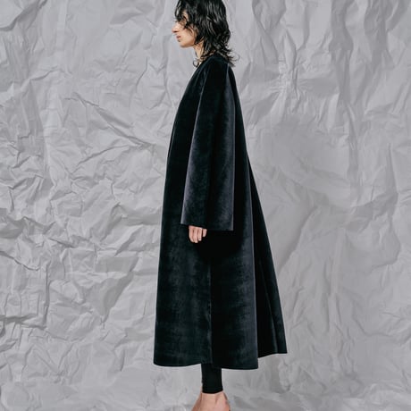 DK28-CS04-C05／Velour Bonding Collarless Flared Coat／2COLORS