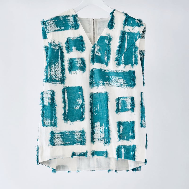 トップス seyto Jacquard fringe sleeveless tops DK29-05-T02／Fringe Cut Jacquard Sleeveless V-Ne