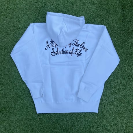 Selection of life. Cursive Embroidery LOGO HOODIE WHITE
