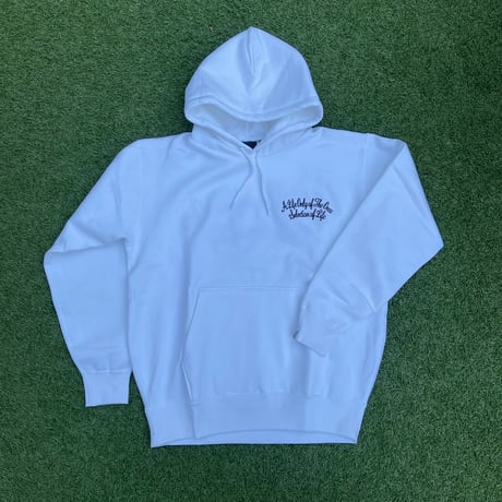 Selection of life. Cursive Embroidery LOGO HOODIE WHITE