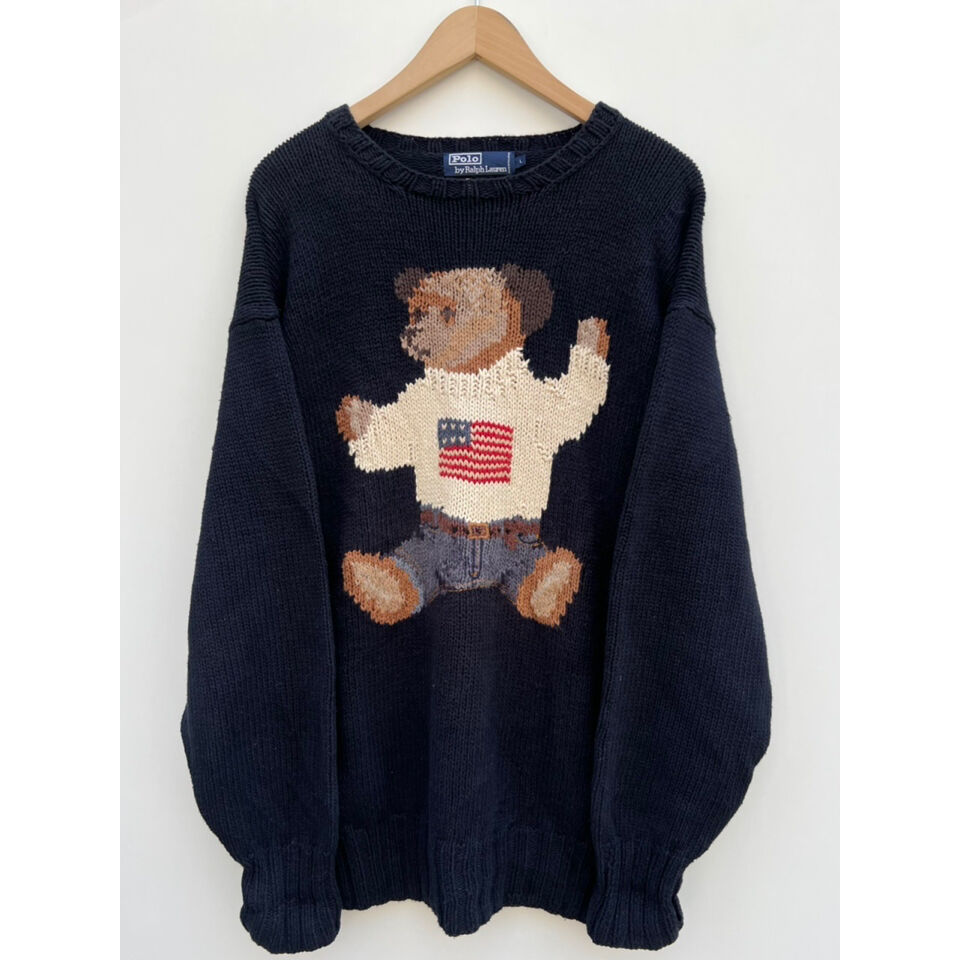 POLO by Ralph Lauren\"M\" ポロベア HAND KNIT POLO Ralph Lauren POLO Bear USA FLAG Hand Knit Sweater Large