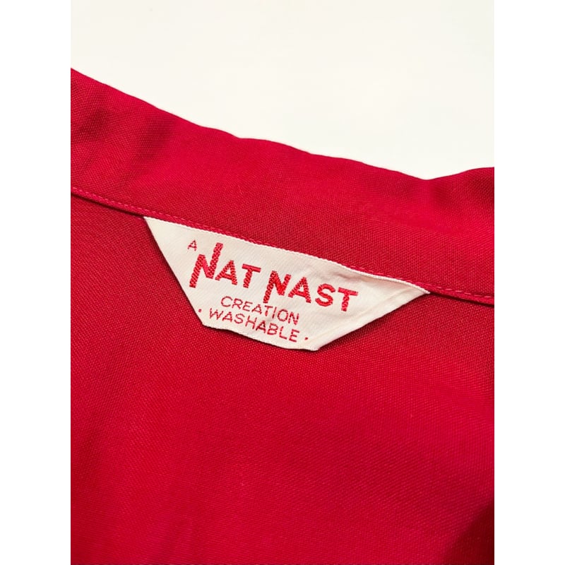 Nat Nast ナットナスト ボウリングシャツ Mサイズ 赤白 70s 古着 60~70年代 NAT NAST オープンカラー ボウリングシャツ