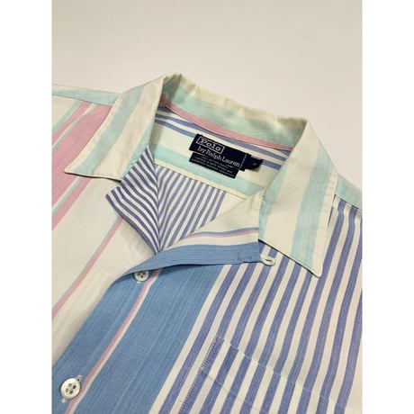 80〜90s Ralph Lauren "HAND WOVEN" S/S OPEN COLLAR SHIRT Size L