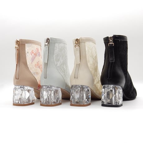 FLOWER LACE CLEAR HEEL BOOTS/975