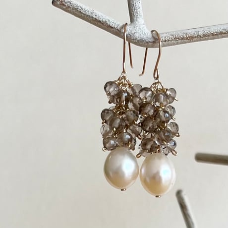 淡水パール＆スモーキークォーツ フリンジピアス（大）  / イヤリング 【K10】