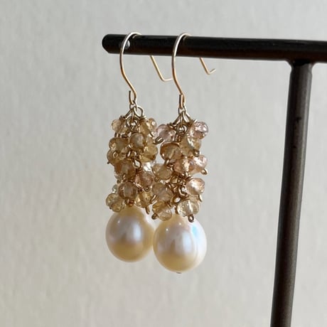 淡水パール＆インペリアルトパーズ フリンジピアス  / イヤリング 【K10】