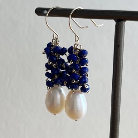 淡水パール＆ラピスラズリ フリンジピアス  / イヤリング 【K10】