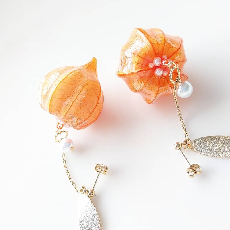No.304　オレンジのブーケ　本物のお花のピアス　イヤリング No.304 オレンジのブーケ 本物のお花のピアス イヤリング