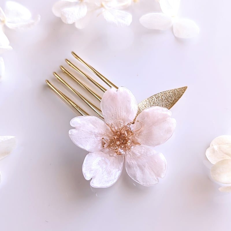 桜のかんざしセット【ピンク２色・白×ゴールドグラデ葉・ゴールドワイヤー】 ガラス桜の櫛かんざし ヘアコーム 金ラメマットピンク色 ヘアクリップ
