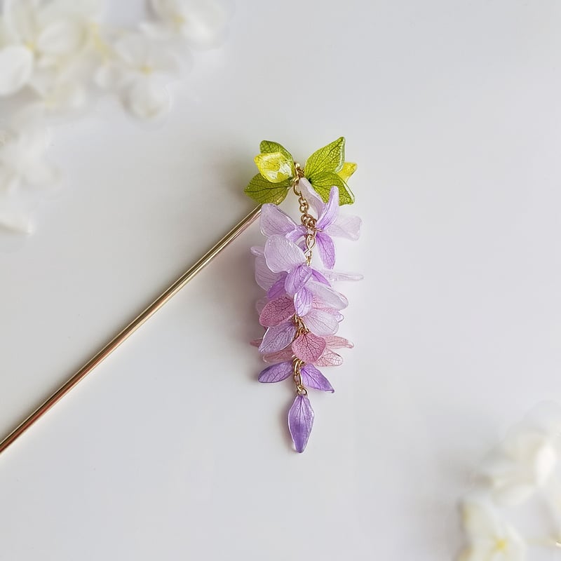 受注制作】生花細工. 本物のお花 藤の房の揺れる髪飾り／かんざし／簪 