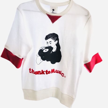 〜6/20まで！受注商品：thank to  Music スウェットリメイク５分袖Tシャツ（ S/M/XL) ※1ヶ月〜1ヶ月半ほど頂きます。