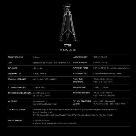 カーボン三脚[CT12] 75mm Cine Fluid Head with 2-Stage One Touch Carbon Fiber Tripod Legs (TT-CT12-75-SG)
