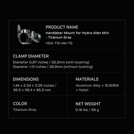 Hydra Alien Mini用 ハンドルバーマウント Handlebar Mount for Hydra Alien Mini (HDA-T15-HM-TG)