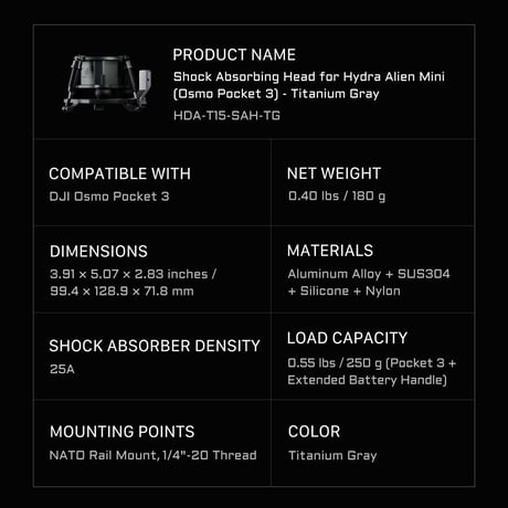 Hydra Alien Mini用衝撃吸収ヘッド Shock Absorbing Head (HDA-T15-SAH-TG)　DJI Osmo Pocket 3/4/4P専用