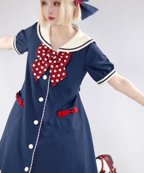【即納】「Marine」半袖ワンピース（白×赤紺）ロリータ