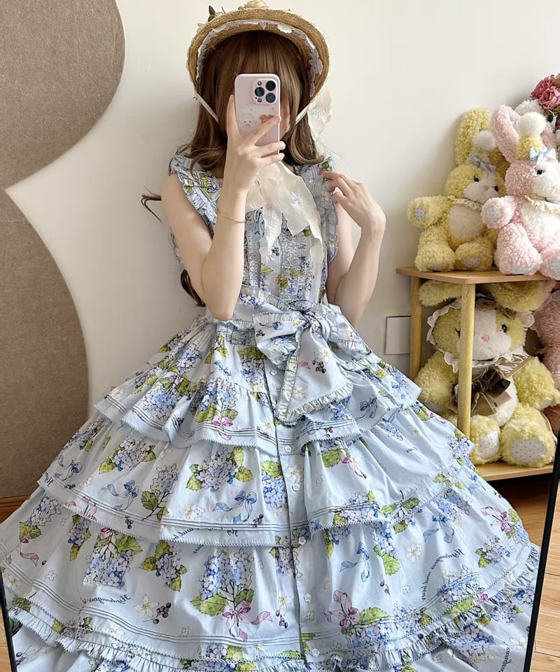 アジサイとくまちゃん」段々ジャンパースカート 【9/15まで】送料無料