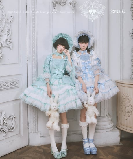 【送料無料！】「ベルベットケーキ2.0」若草＆サックスドレス＆ボンネットセット【1/2まで】