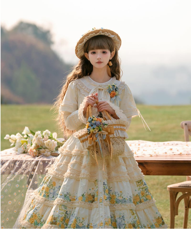 ビスクドール　若草色よもぎ色ドレス　ワンピース　小型　花柄ドレス帽子　金髪 花兎熊」ワンピース【4/10まで】送料無料！ | GIRLISM
