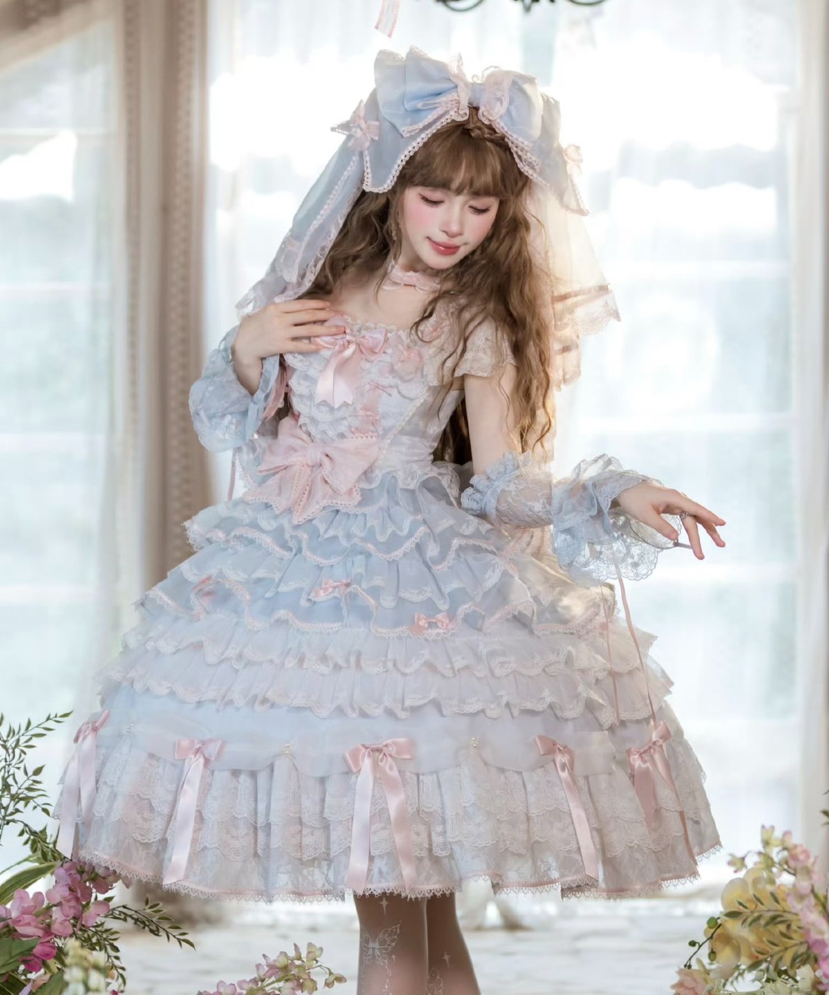 レストローズ、薔薇柄パフスリーブワンピース、白地、ロリータ 美品 レストローズ薔薇柄フレアミニワンピース、ロリータ、白地
