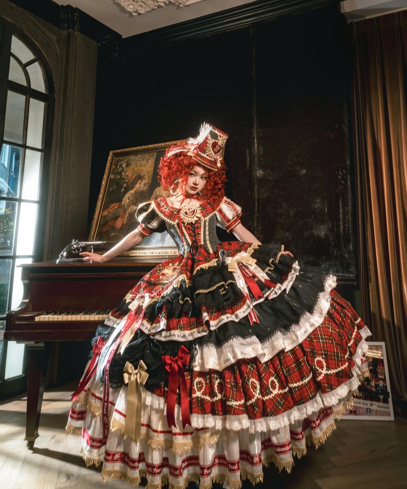 チェック柄ドレスのぬいぐるみ人形 ぬい服 ギンガムチェックフリルドレス ヘッドドレスセット レッド ちび