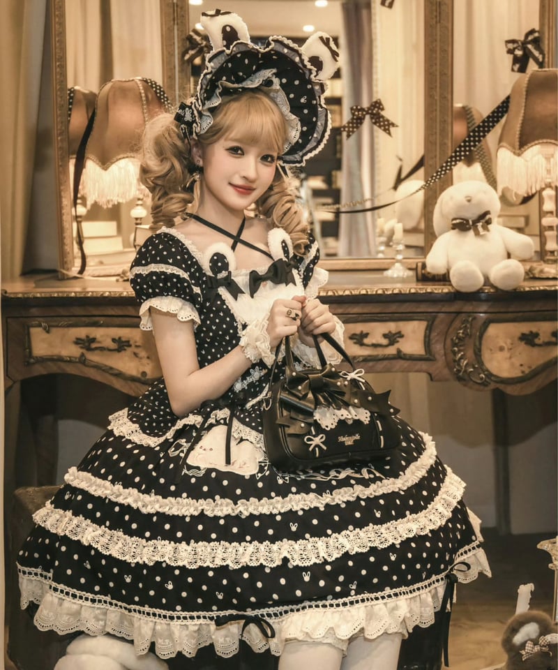 ラビットリボン」ドットワンピース＆ボンネット（新色追加）【6/15まで