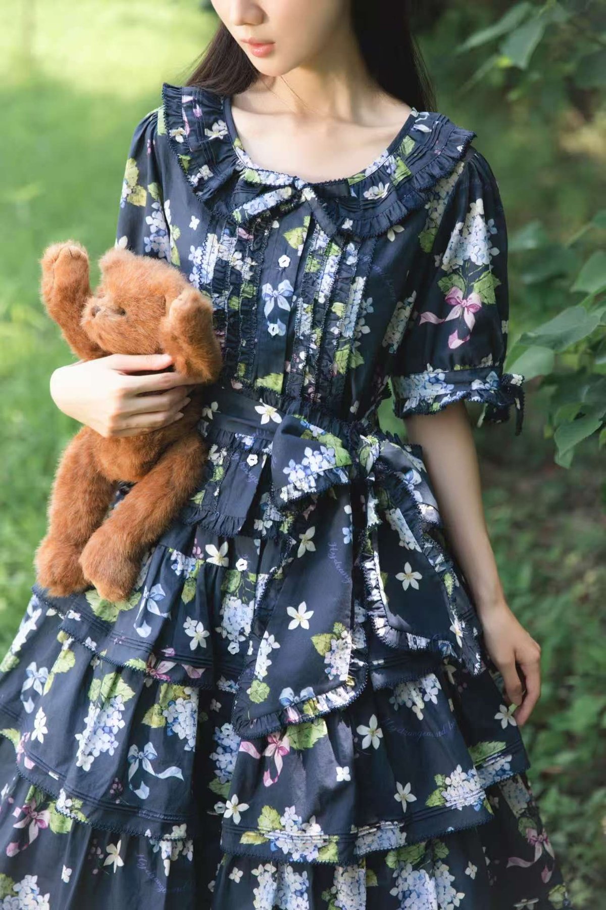 アジサイとくまちゃん」半袖ブラウス＆段々スカートセット 【9/15まで