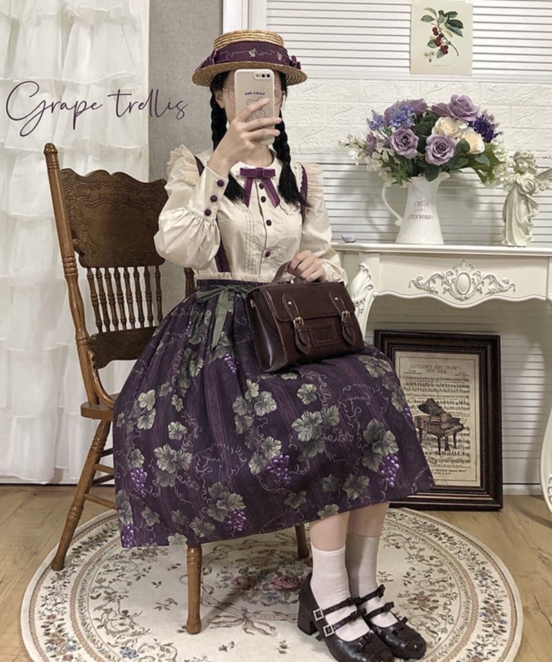 ワンダフルワールド　籠盛り勿忘草柄スカート　ワイン ワンダフルワールド 籠盛り勿忘草柄スカート ワイン ワンダフル