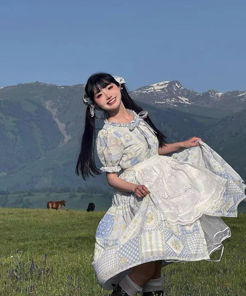 70s Jane DeLynn 花柄 ワンピース パッチワーク アンティーク 秋冬 ヴィンテージ エスニックスタイル 花柄パッチワーク Vネック