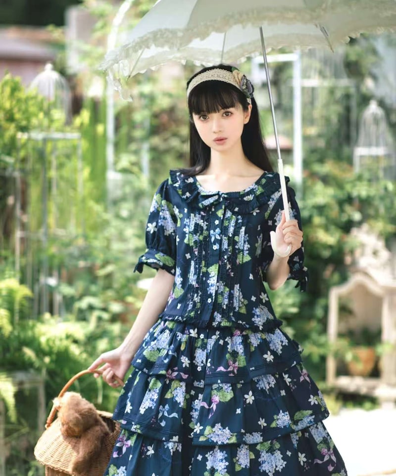 アジサイとくまちゃん」半袖ブラウス＆段々スカートセット 【9/15まで