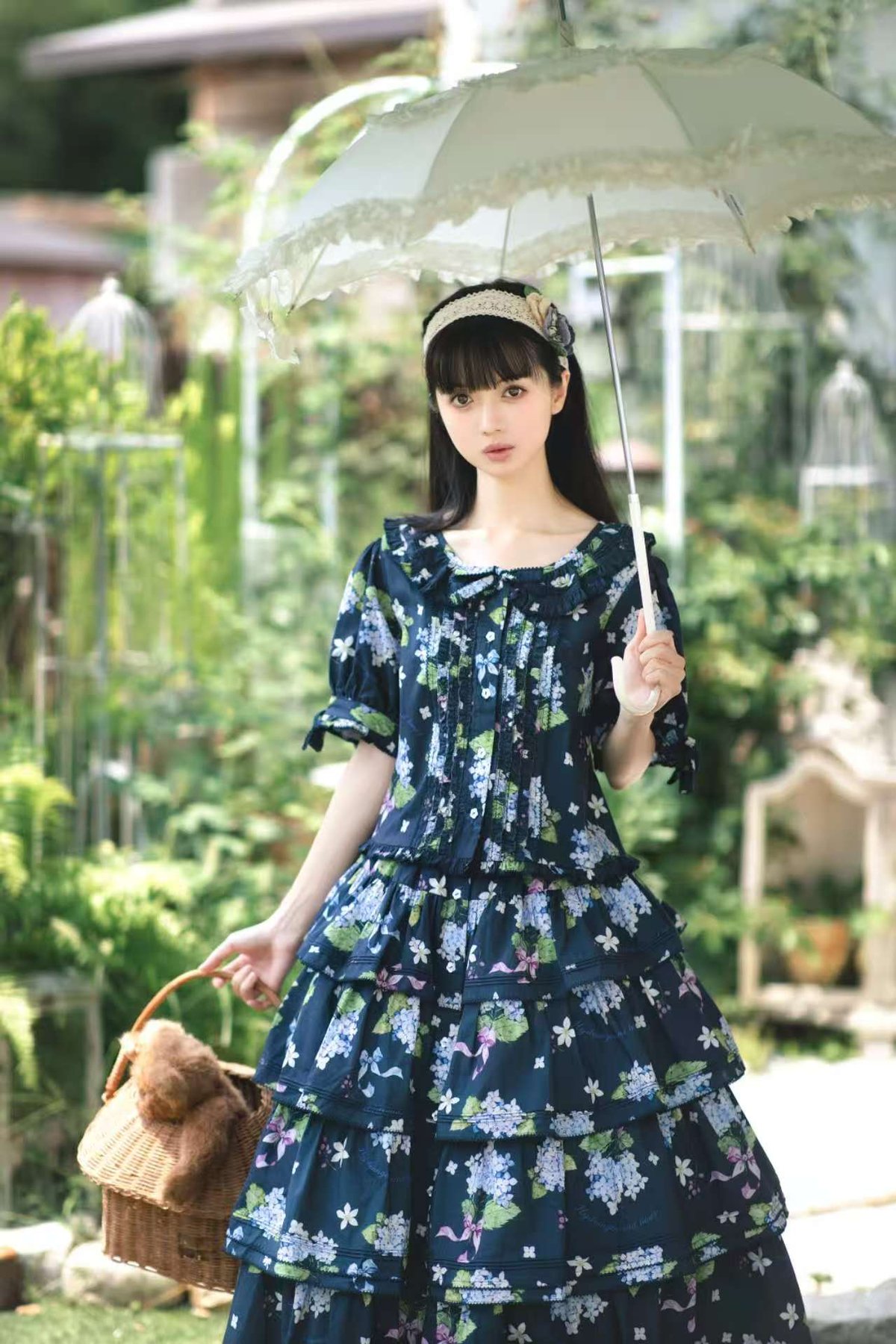 アジサイとくまちゃん」半袖ブラウス＆段々スカートセット 【9/15まで