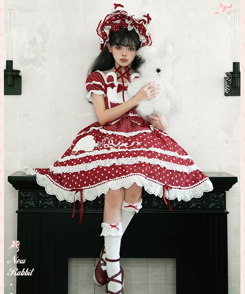 ラビットリボン」ドットワンピース＆ボンネット（新色追加）【6/15まで