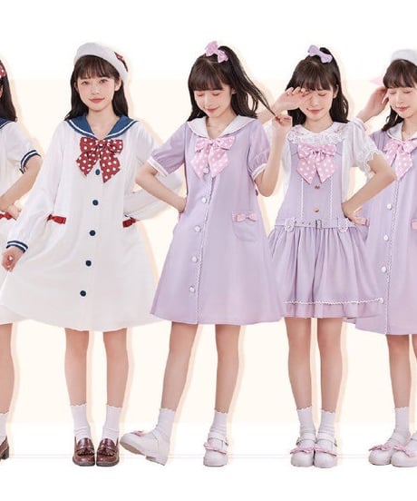 【即納】「Marine」半袖ワンピース（白×赤紺）ロリータ