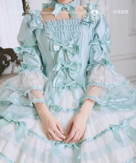 【送料無料！】「ベルベットケーキ2.0」若草＆サックスドレス＆ボンネットセット【1/2まで】