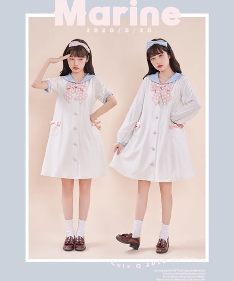 【即納】「Marine」半袖ワンピース（白×赤紺）ロリータ