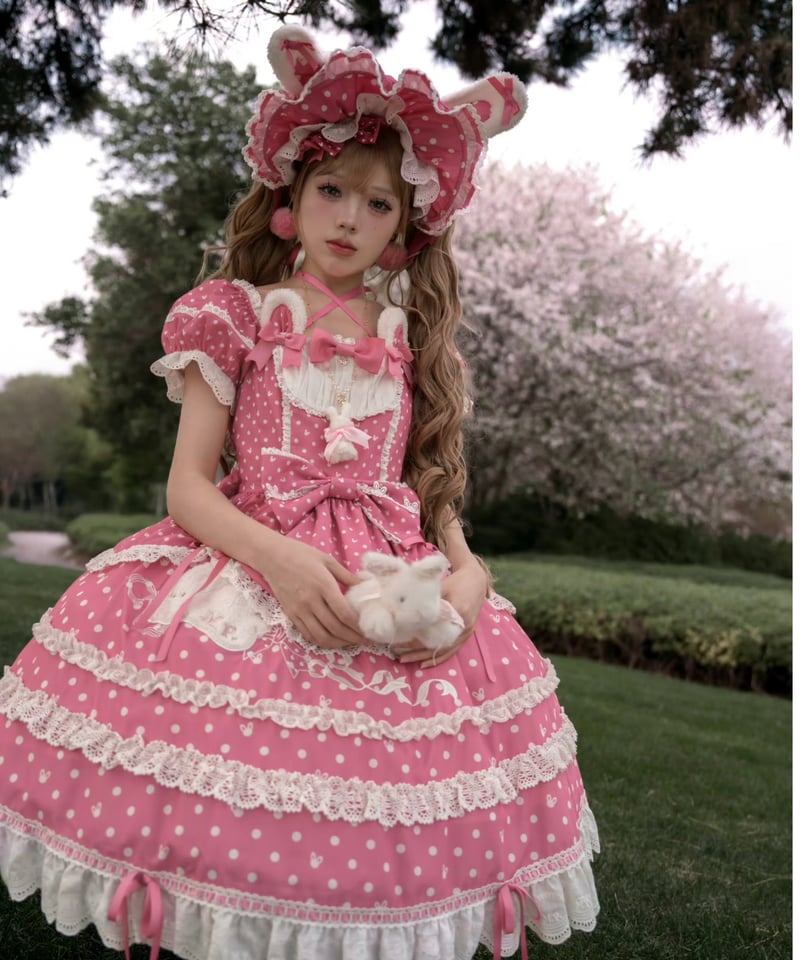 ラビットリボン」ドットワンピース＆ボンネット（新色追加）【6/15まで