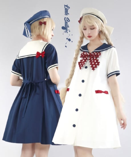 【即納】「Marine」半袖ワンピース（白×赤紺）ロリータ