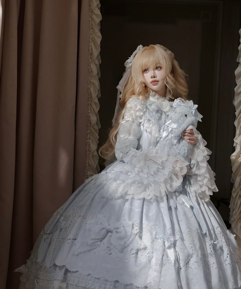 ヴィクトリアンレース刺繍ドレス 刺繍レース 七分袖 Aラインドレス（W213）