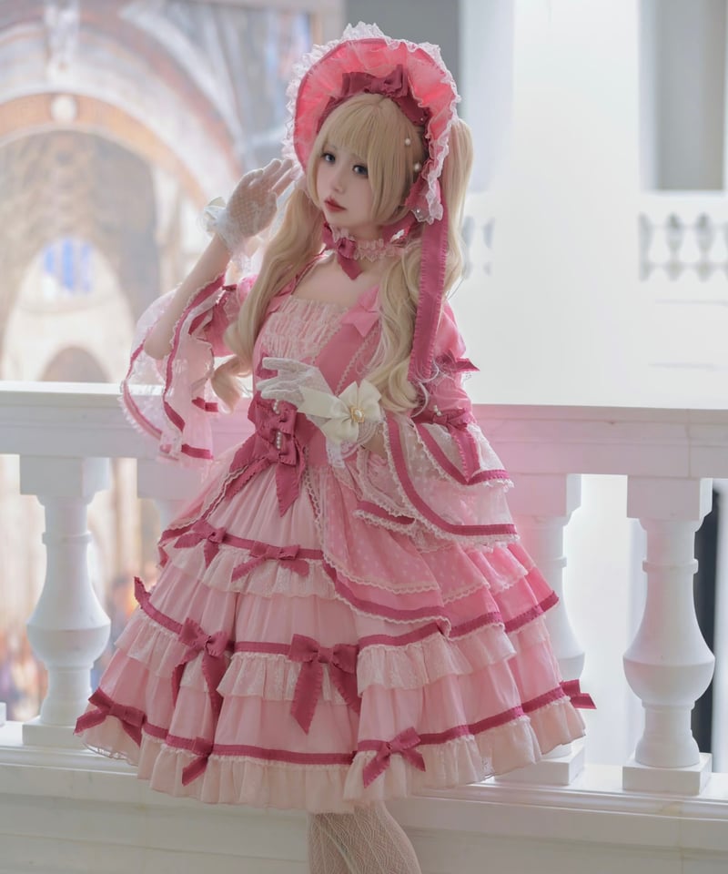 Angels Heartベルベットケーキ風 ロリータワンピース ボンネット付 送料無料！】「ベルベットケーキ2.0」若草＆サックスドレス