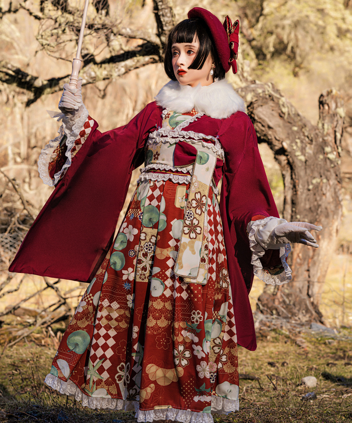 柄デザインレース林檎少女　羽織　ジャンパースカート　セット　和ロリ