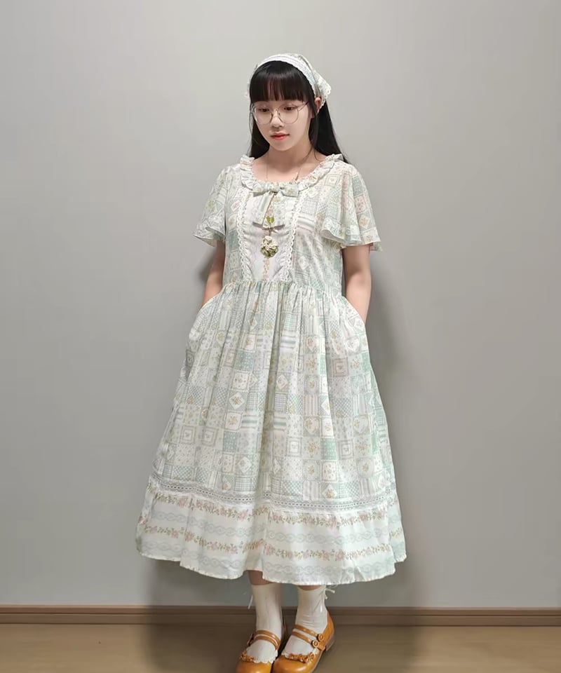 タグ付　ビアズリー パッチワーク刺繍　レースワンピース　ベージュ　半袖　ロング パッチワークガーデン」フレアスリーブワンピース 【5/25まで