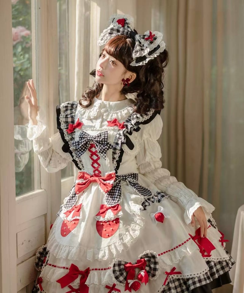 【オーダーメイド可】エジプト超長綿100% 850TC 花柄 蝶々 4点セット ショートケーキ図鑑」メイドワンピース＆ジャンパースカート（黒