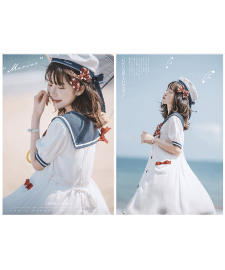 【即納】「Marine」半袖ワンピース（白×赤紺）ロリータ